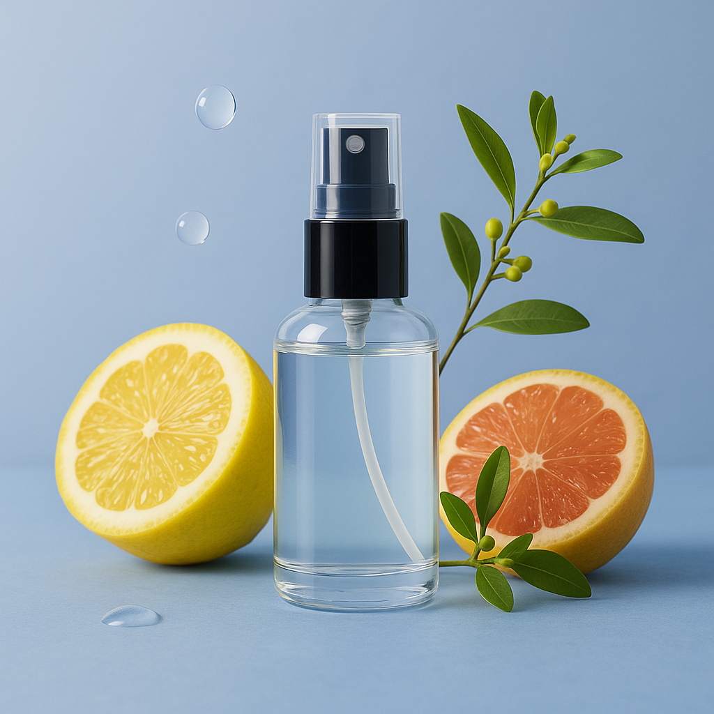 Klarer Sprayflakon mit Zitrone, Grapefruit und Blättern vor blauem Hintergrund, frische Tropfen in der Luft.