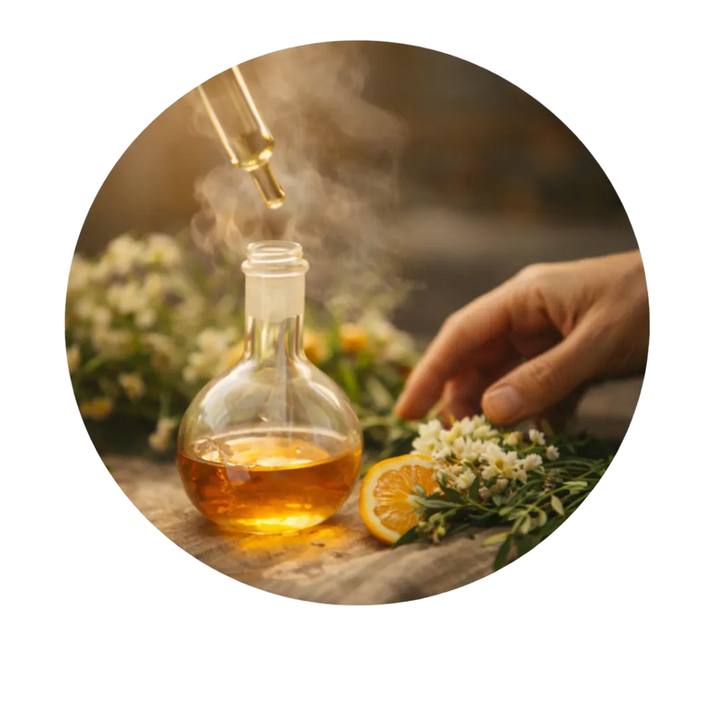 Glaskolben mit goldfarbenem Öl, Pipette und Blüten auf Holztisch – stimmungsvolle Szene der Duftölherstellung.