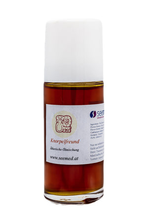 Brauner Roll-On mit weißer Kappe und Etikett „Knorpelfreund“ – ätherische Ölmischung von Seemed.