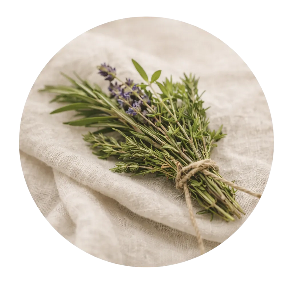 Bündel aus frischen Kräutern und Lavendel, mit Juteschnur gebunden, auf hellem Leinentuch.