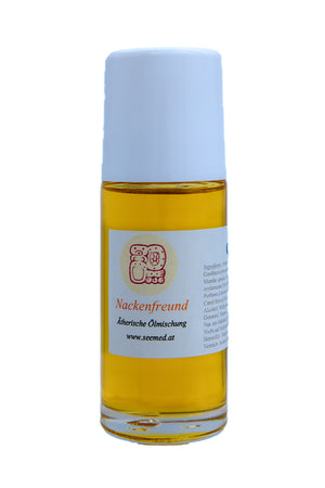 Brauner Roll-On mit weißer Kappe und Etikett „Nackenfreund“ – ätherische Ölmischung von Seemed.