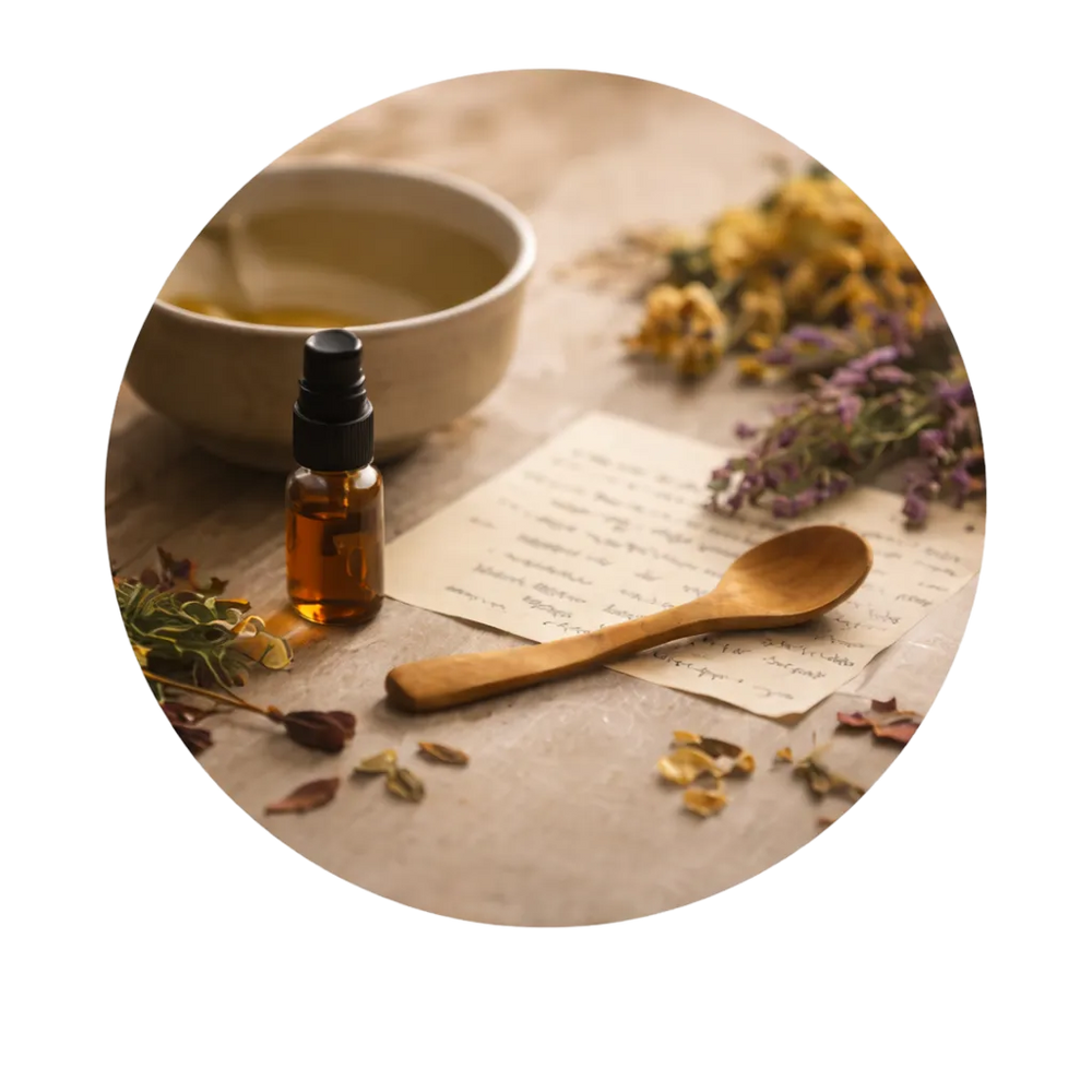 Braune Glasflasche, Holzlöffel, handgeschriebene Notiz und Blüten auf Tisch – natürliche Duftölrezeptur.