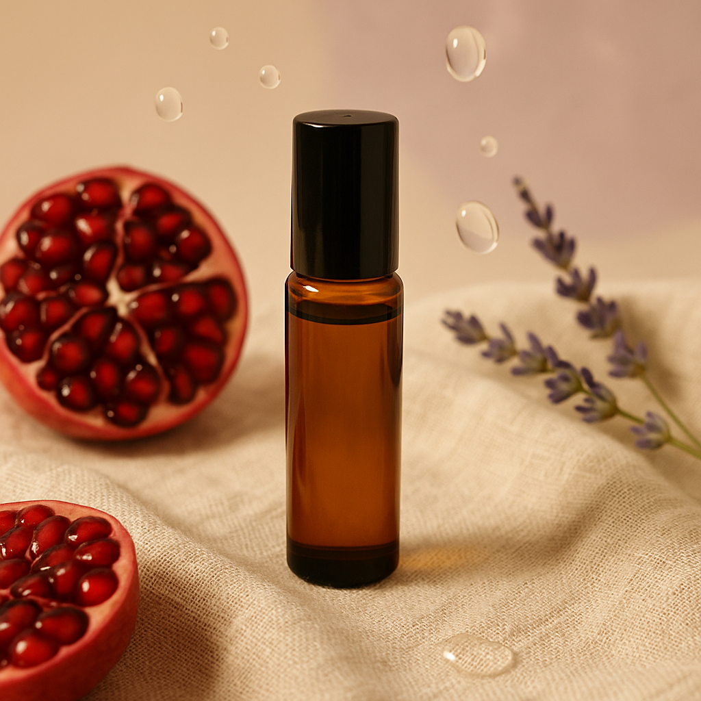 Braunes Roll-On-Fläschchen mit Lavendel, Granatapfel und Tropfen auf Leinentuch.