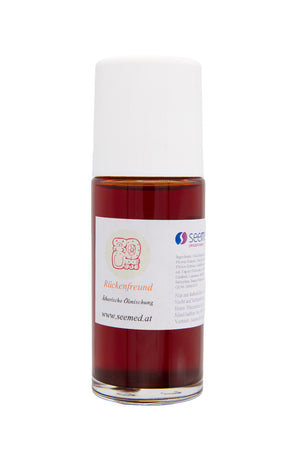 Ätherische Ölmischung „Rückenfreund“ in braunroter Farbe mit weißer Kappe – Produkt von Seemed.