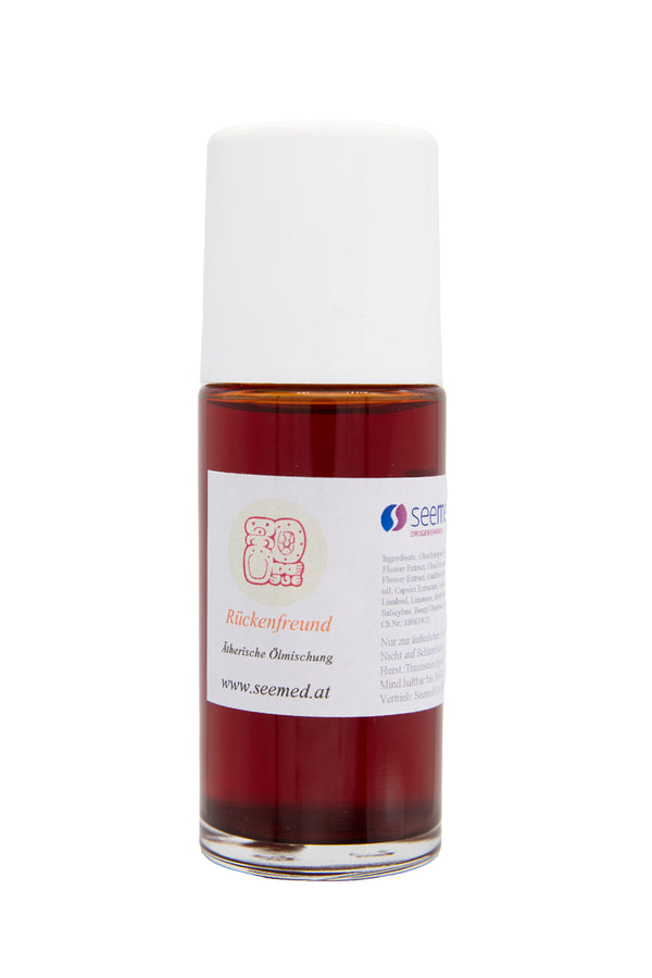 Ätherische Ölmischung „Rückenfreund“ in braunroter Farbe mit weißer Kappe – Produkt von Seemed.
