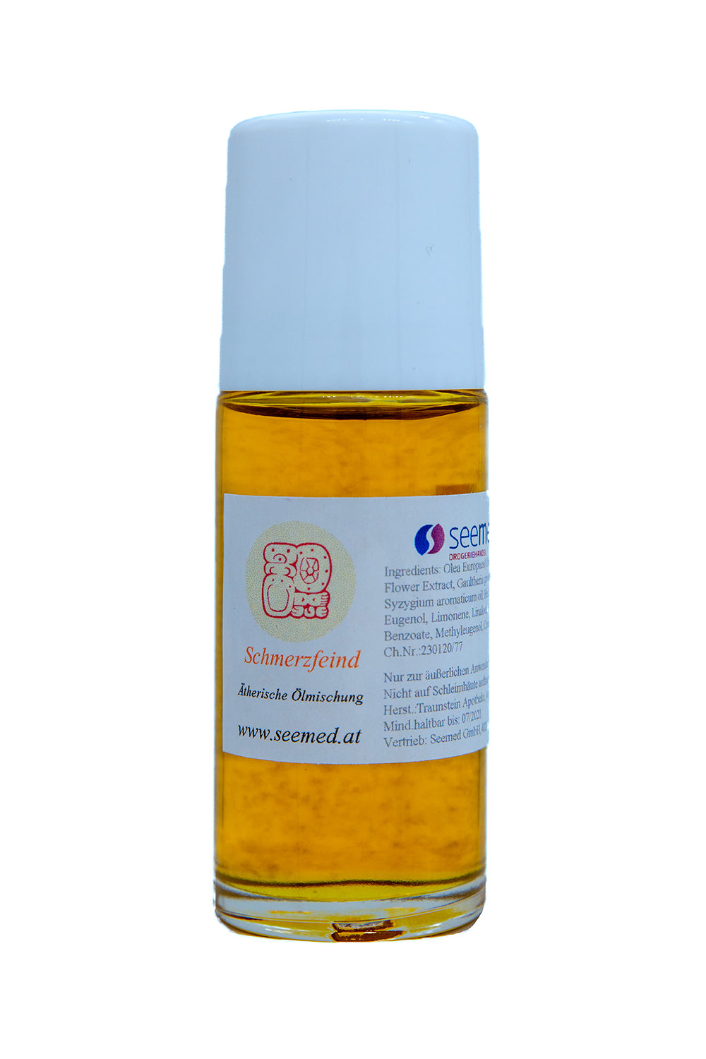 Roll-On mit weißer Kappe und Etikett „Schmerzfeind“ – ätherische Ölmischung von Seemed.