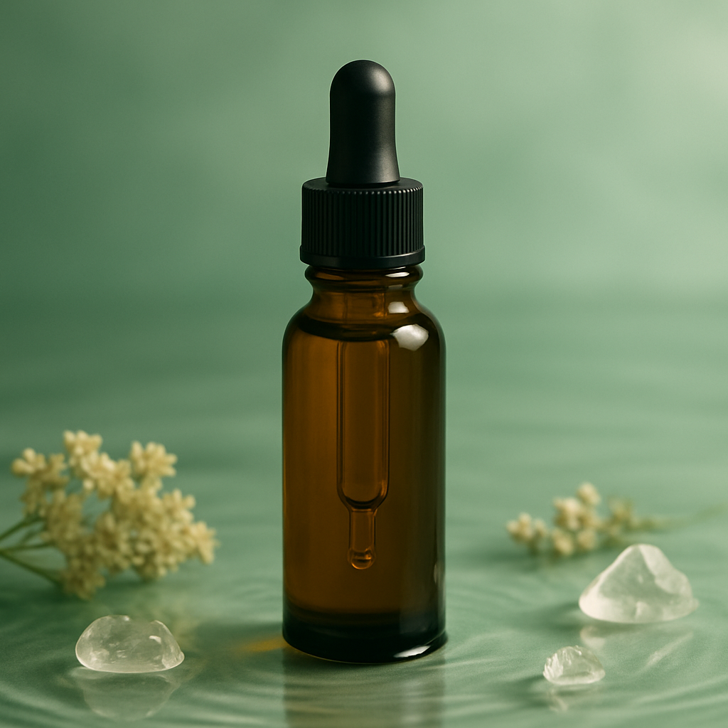 Braune Tropfflasche mit Pipette auf grünem Hintergrund, umgeben von Kristallen und zarten Blüten.